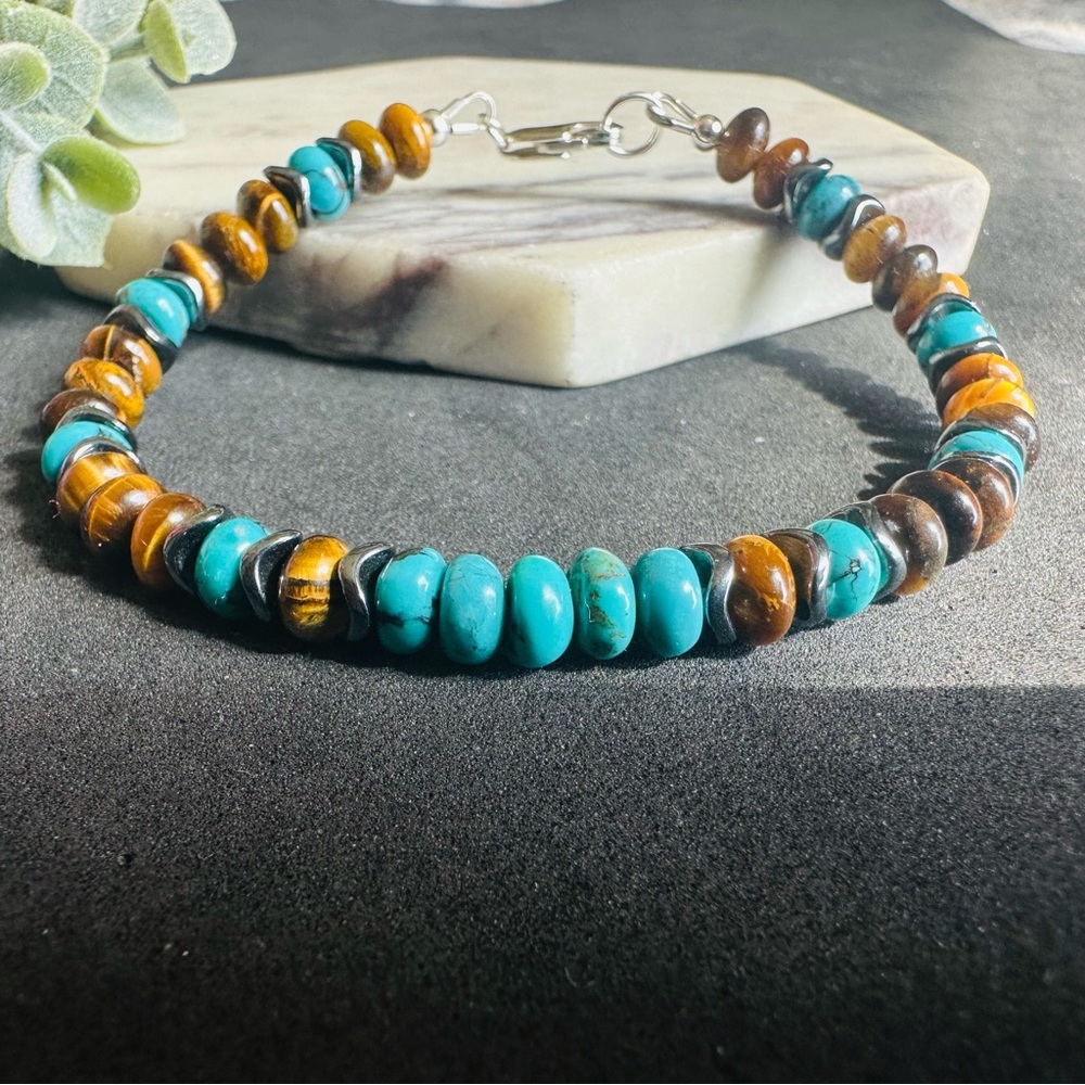 Turquoise and Brown Tigers eye Beaded Bracelet Sterling Silver - Picture 4 of 5